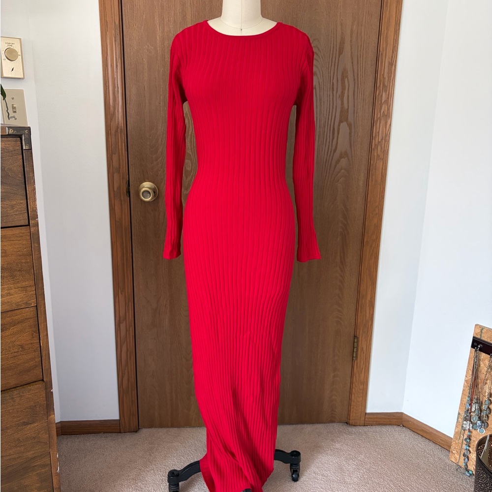 FARM Rio Ribbed Long-Sleeve Maxi Dress in Red - Picture 1 of 10